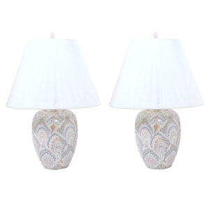 Pair of Ceramic Lamps in Pastel Marbelized Pattern