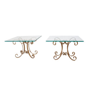 Pair of Hollywood Regency Glass Top Tables, Brass “Ribbon” Base