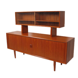 Danish Modern Teak Tambour Door Sideboard / Room Divider w / Glass Door Display Top