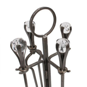 Modernist Cast Iron Andiron Set w/ Swedish Glass
