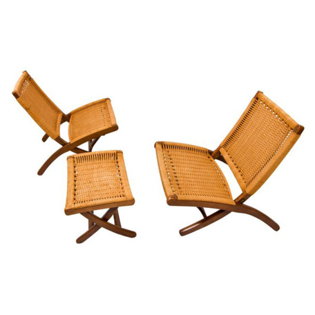 2833-PairDanishCordFoldingChairs-Ottoman