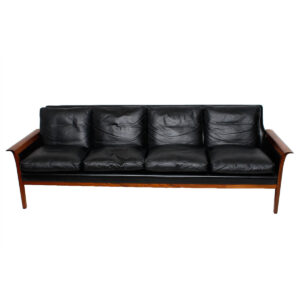 Hans Olsen Rosewood Black Leather Sofa