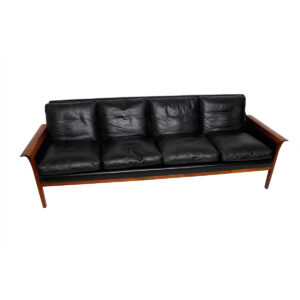 Hans Olsen Rosewood Black Leather Sofa