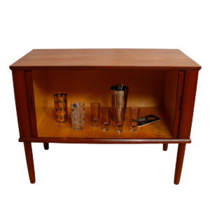Mini Danish Teak Tambour Door Chest / Night Stand / Bar Cabinet