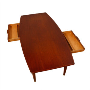 Rare Swedish Teak Curved Coffee Table w/ Drawers & Trays