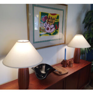 Pair of Teak Turned ‘Tear Drop’ Shaped Table Lamps