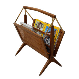 Ico Parisi Italian Folding Magazine Rack in Walnut, Brass & Caning
