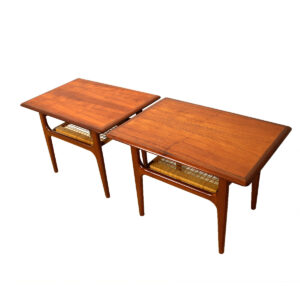 Pair of Danish Modern Teak Accent Tables with Cane Shelf