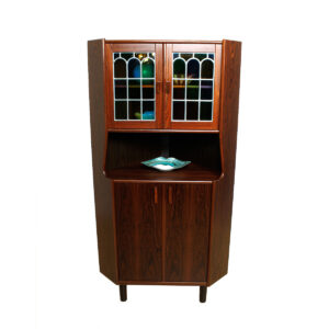 Danish Modern Rosewood Corner Bar w/ Stained Glass Doors