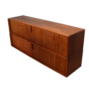 Rare Double Decker Walnut Stacking Record Storage Cabinets w/ Tambour Doors