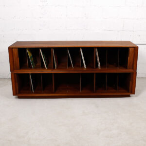 Rare Double Decker Walnut Stacking Record Storage Cabinets w/ Tambour Doors