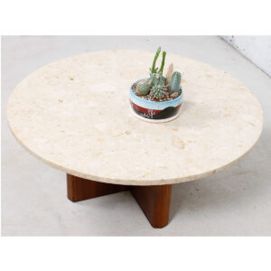 Round Travertine Marble Top Coffee Table w/ Walnut “X” Base