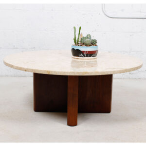 Round Travertine Marble Top Coffee Table w/ Walnut “X” Base