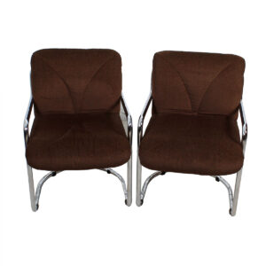 Italian Vintage Pair Chrome & Brown Upholstered Chairs by Mariani