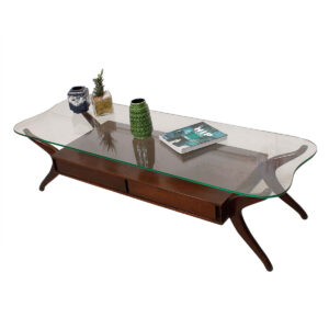 Vladimir Kagan Walnut & Glass Top Coffee Table w/ Drawers