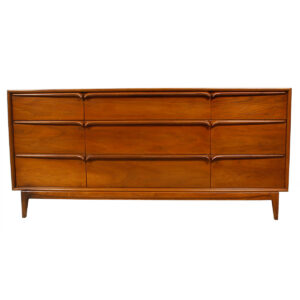 Walnut Mid Century Sculpted Pull Long Dresser
