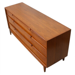 Walnut Mid Century Sculpted Pull Long Dresser