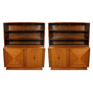 Pair of MCM Walnut Tambour Door Diamond Front Storage / Display Cabinets