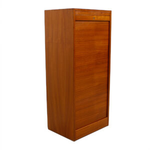 Danish Modern Teak Tall Locking Tambour Door Jewelry Cabinet w / Drawers