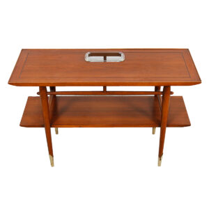 MCM Walnut Console Table w/ Shelf & Glass Insert