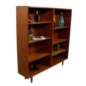 Danish Modern Teak Double Bookcase w/ Adjustable Beveled Shelves