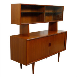 Compact Danish Teak Tambour Door Sideboard / Room Divider + Glass Door Display Top