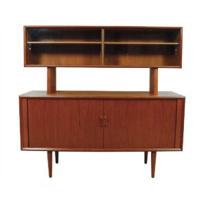 Compact Danish Teak Tambour Door Sideboard / Room Divider + Glass Door Display Top