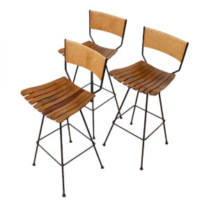 Set of 3 Arthur Umanoff Iron, Wood & Raffia Swivel Stools
