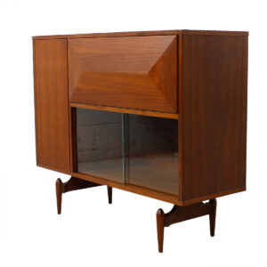 Rare 1950s Walnut ‘Diamond Front’ Lighted Bar Cabinet