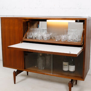 Rare 1950s Walnut ‘Diamond Front’ Lighted Bar Cabinet
