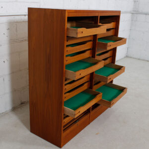 Danish Double Teak Tall Locking Tambour Door Jewelry Cabinet w/ Drawers