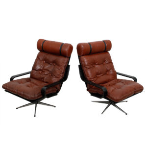 Pair of Leather & Chrome Swivel Base Danish Lounge Chairs