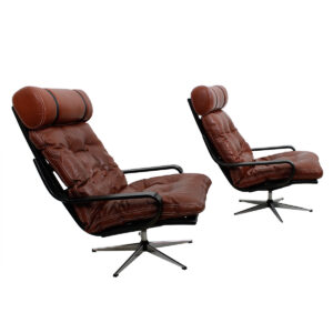 Pair of Leather & Chrome Swivel Base Danish Lounge Chairs