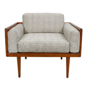 Luxurious Mel Smilow Walnut Lounge Chair w/ Greek Fret Pattern Upholstery