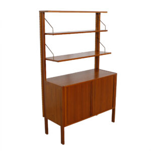 Free-Standing Danish Teak Adjustable Wall Unit w/ Tambour Door Storage Cabinet