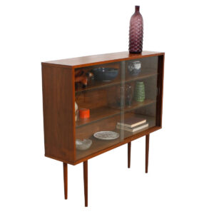 Thin 1950s Walnut Display Cabinet w/ Glass Doors & Adjustable Shelves
