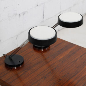 Pair of Adjustable Height ‘Leaning’ Mid Century Chrome White + Black Desk Lamps