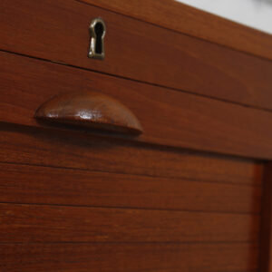 Early Petite Danish Teak Tambour Door Filing Cabinet w/ Handle