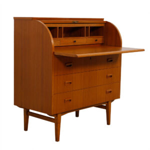 Danish Modern Roll Top Locking Secretary Desk / Dresser in Teak