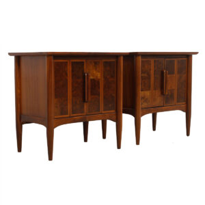 Pair Heritage Walnut Side Tables / Nightstands with Burled Accents