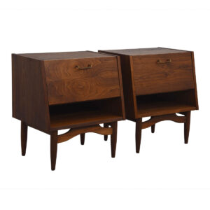 Pair of Mid Century Walnut Slanted Front Nightstands / End Tables
