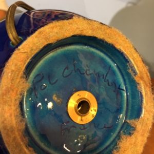 c.1970s Ceramic Artisan Table Lamp, France, Blue Crackle Glaze