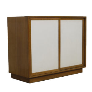 Harvey Probber Compact Cabinet in Bleached Mahogany with White Leather Doors