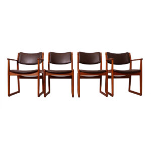 Reupholstered Set of 4 (2 Arm + 2 Side) Danish Teak ‘Sleigh-Leg’ Dining Chairs