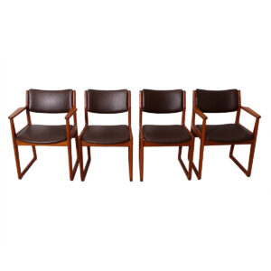 Reupholstered Set of 4 (2 Arm + 2 Side) Danish Teak ‘Sleigh-Leg’ Dining Chairs