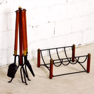 MCM Walnut & Iron Fireplace Tools and Log Holder Set