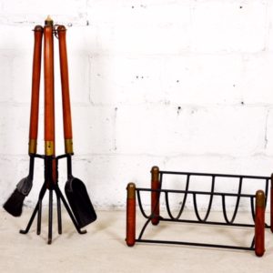 MCM Walnut & Iron Fireplace Tools and Log Holder Set