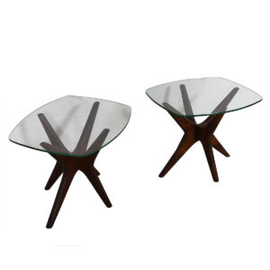 Pair of Vladimir Kagan Style Walnut & Glass ‘Jax’ Accent Tables