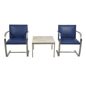 Pair of Stainless Steel Flat Bar Brno Chairs with Cadet Blue Leather Upholstery by Knoll