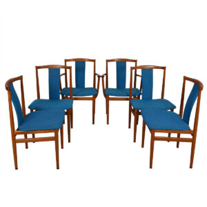 Set of 6 Danish Modern Blue Upholstered Teak Sculpted-back Dining Chairs